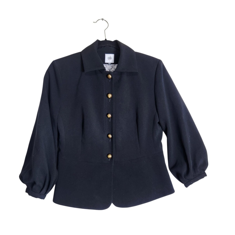 Cabi Black Puff Sleeve Peplum Blazer Jacket Gold Buttons 3027 Womens 4